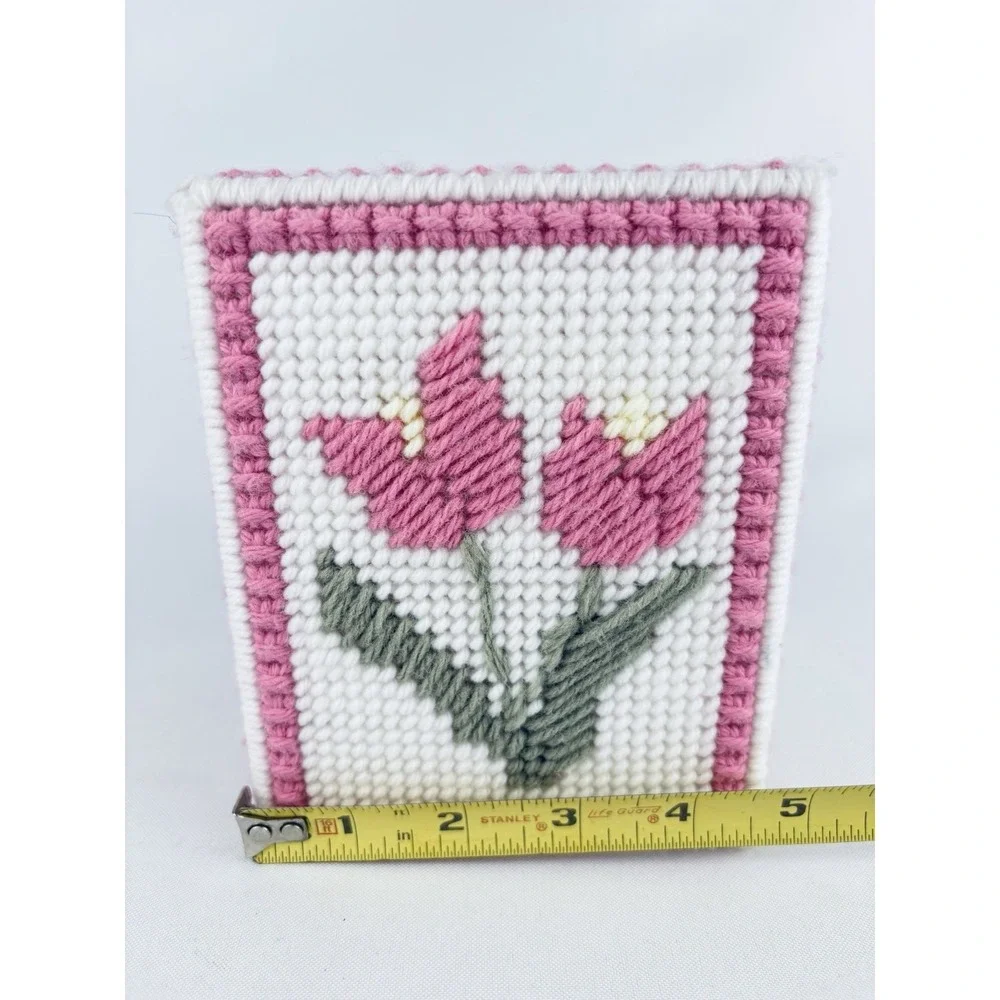 Vintage Knitted Stitched Crochet Pink Floral Tissue Box Cover Handmade Tulip
